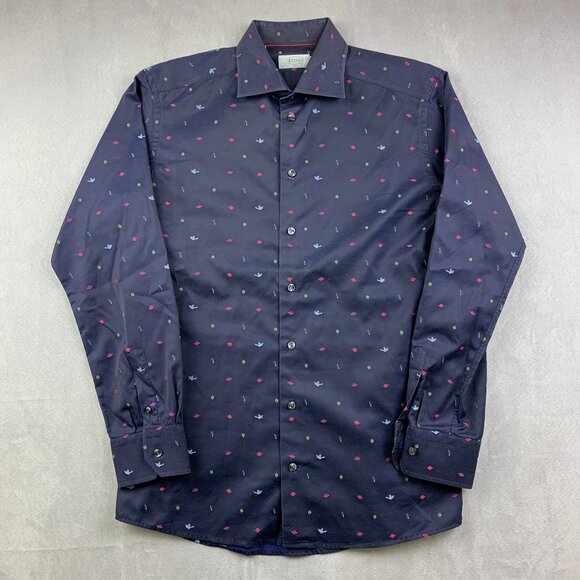 Men's Navy Blue Patterned Shirt - Picture 1 of 9